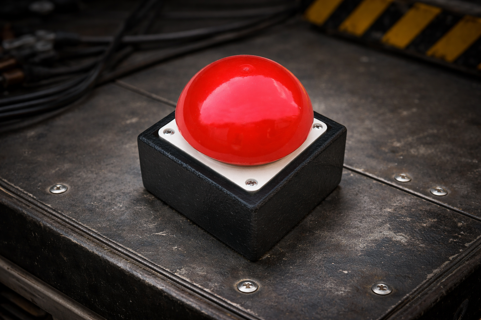 Roter Buzzer Button auf schwarzer Basis zum Auslösen einer Fotobox oder Kamera