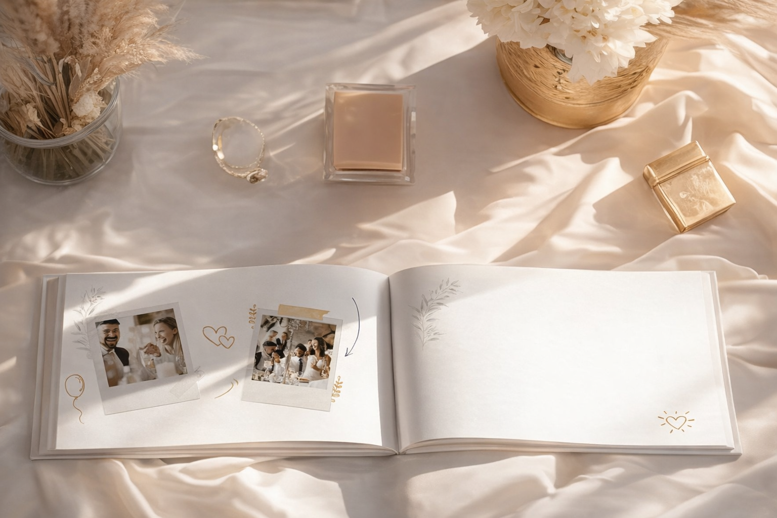 Hochzeits-Gästebuch mit Polaroid-Fotos und Dekoration auf einem eleganten Tisch