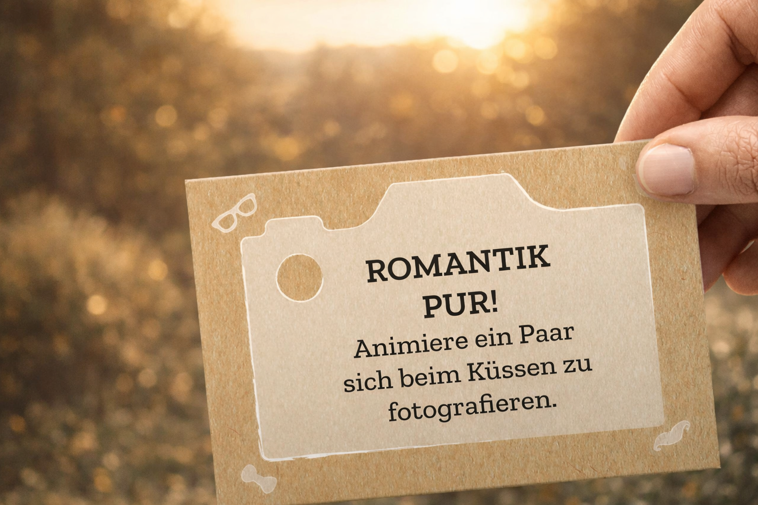 Karte mit Fotobox-Aufgabe für Hochzeit, die Gäste dazu auffordert ein küssendes Paar zu fotografieren