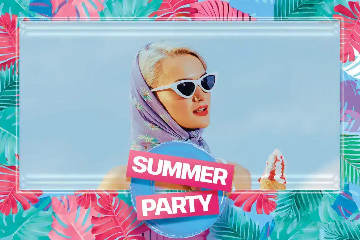 Fotobox Overlay Summer Party – Tropisches Design mit bunten Blättern Fotobox Overlay im tropischen Summer-Party-Design mit bunten Blättern und Schriftzug „Summer Party“. Für Fragen und Antworten verwende bitte unser Kontaktformular