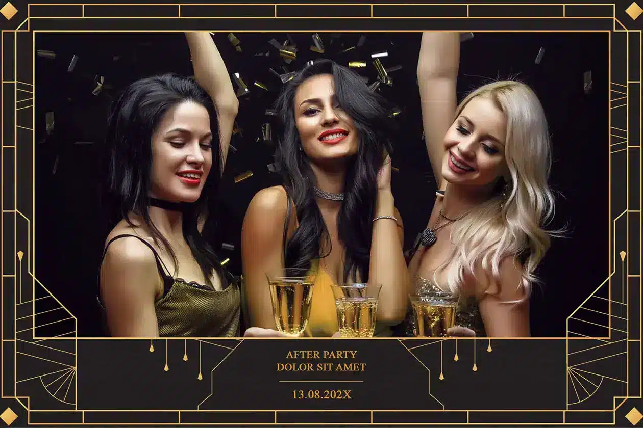 Fotobox Overlay Art Deco Party – Elegantes Design mit Goldrahmen Fotobox Overlay im Art-Deco-Stil mit goldenen Rahmen, Party-Motiv und Platz für Datum und Text