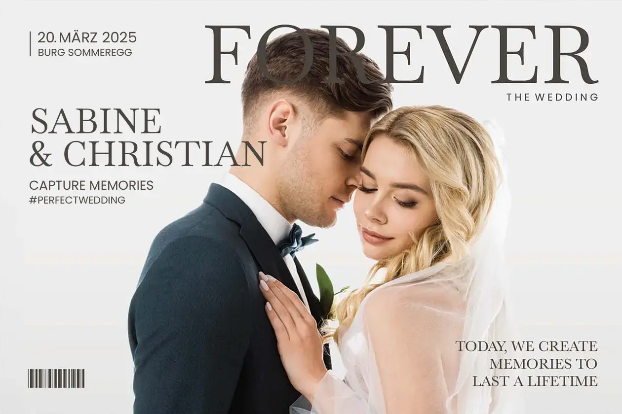 Fotobox Overlay Hochzeit Magazin – Modernes Editorial Design Fotobox Overlay im Magazin-Stil für Hochzeit mit Namen, Datum und elegantem Layout. Alle Fotobox Pakete enthalten Overlays