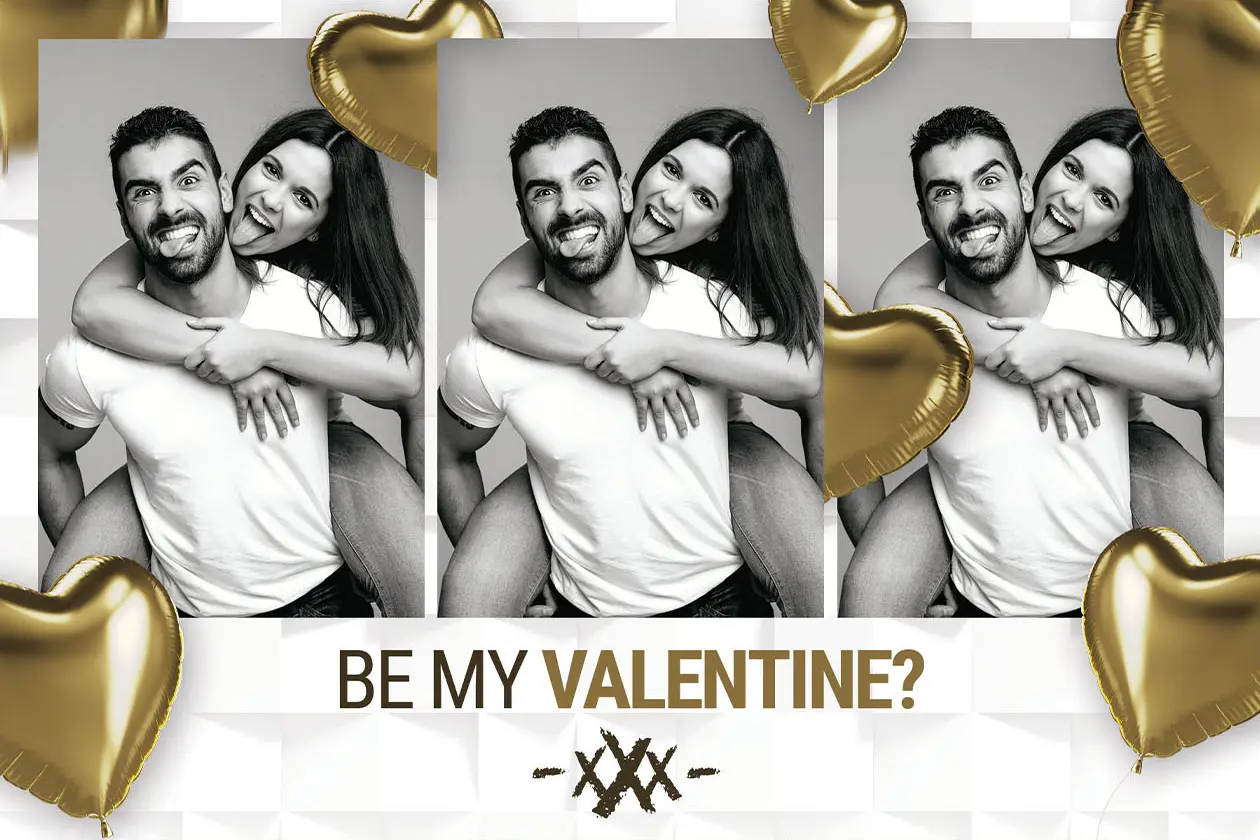 Fotobox Overlay Valentinstag – Romantisches Design mit Herzballons Fotobox Overlays für Valentinstag mit drei Bildern, goldenen Herzballons und romantischem Text „Be my Valentine“