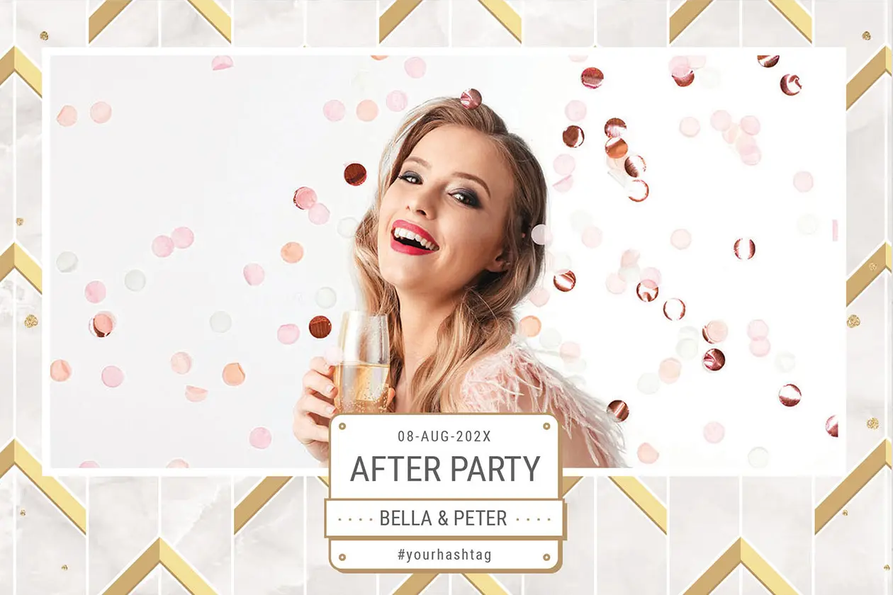 Fotobox Overlay After Party – Elegantes Design mit Konfetti und Goldakzenten Fotobox Overlay für After Party mit Konfetti, Datum, Namen und Hashtag im eleganten Design. Alle Mietbedingungen gibts hier
