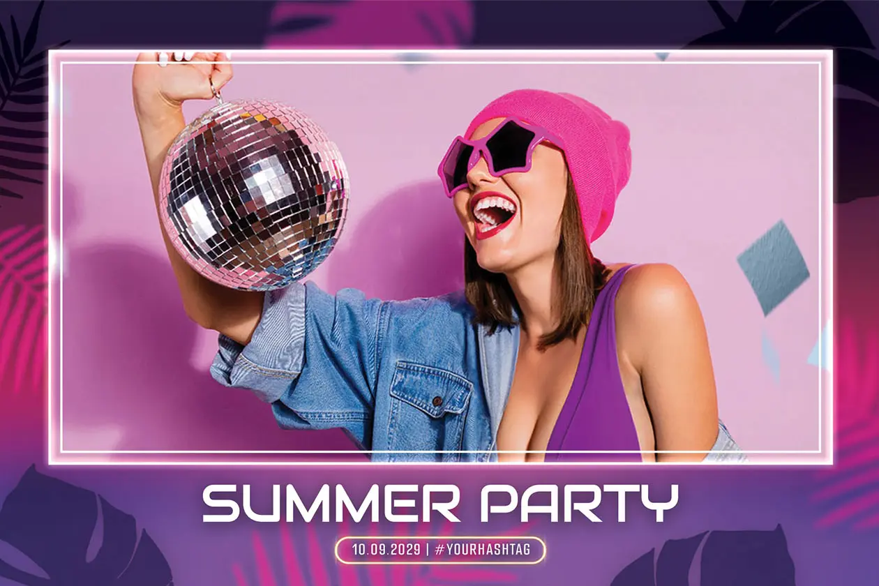 Fotobox Overlay Summer Party – Neon Party Design mit Disco-Vibes Fotobox Overlay im Neon-Party-Design mit Disco-Kugel, Datum und Hashtag für Summer Party Events- Datenschutz