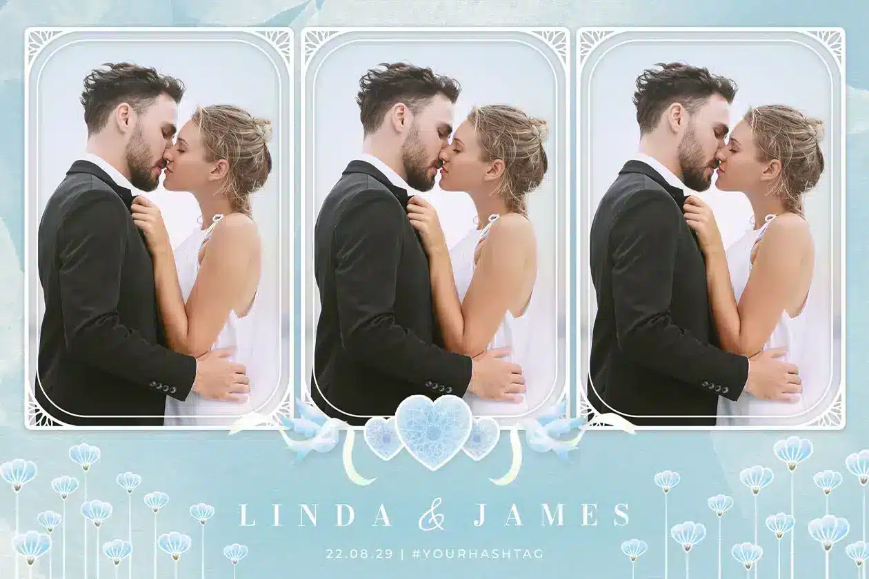 Fotobox Overlay Hochzeit – Romantisches Layout mit Namen und Datum Romantisches Fotobox Overlay für Hochzeit mit drei Bildern, Namen und Datum im eleganten Design