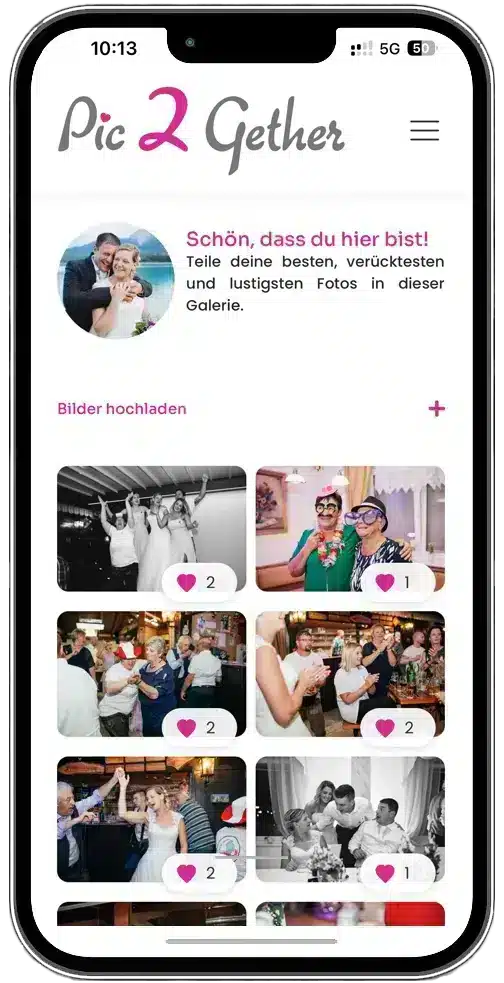 Smartphone mit Pic2Gether App zur gemeinsamen Foto-Galerie und Upload-Funktion für Events