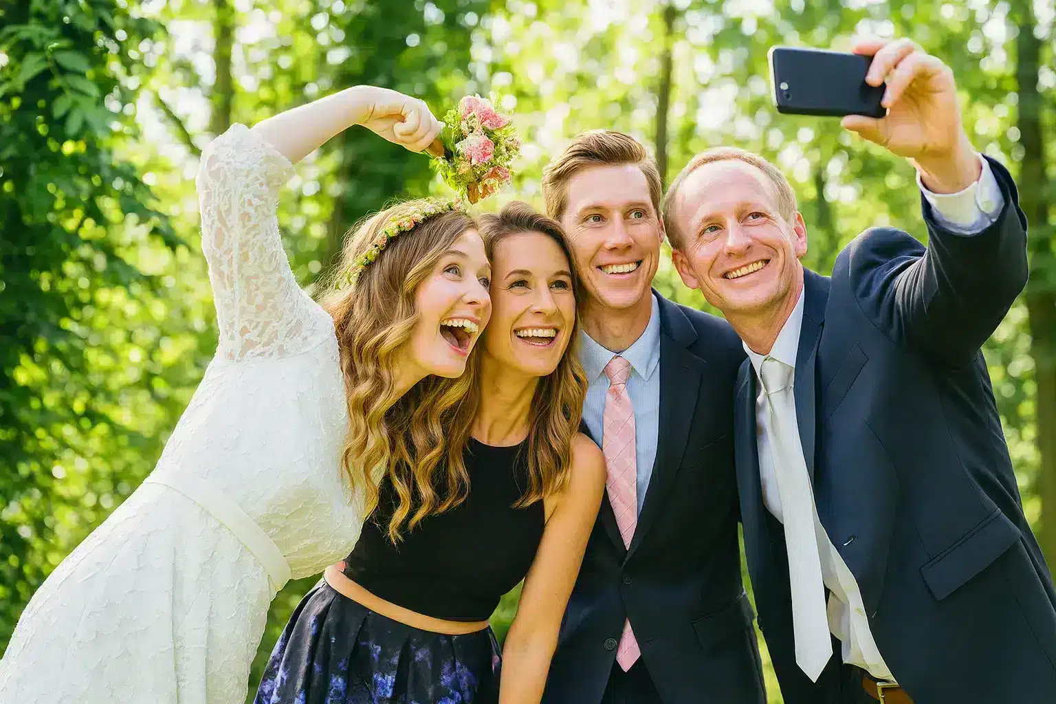 Braut und Hochzeitsgäste machen ein fröhliches Selfie im Freien mit Smartphone und laden es in Pic2Gether hoch