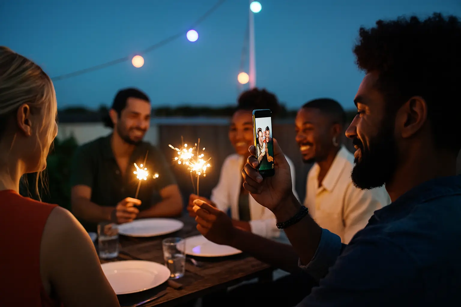 Freunde bei Abendparty mit Wunderkerzen, während jemand die Szene mit einem Smartphone fotografiert. Buche eines unserer Pic2Gether Pakete