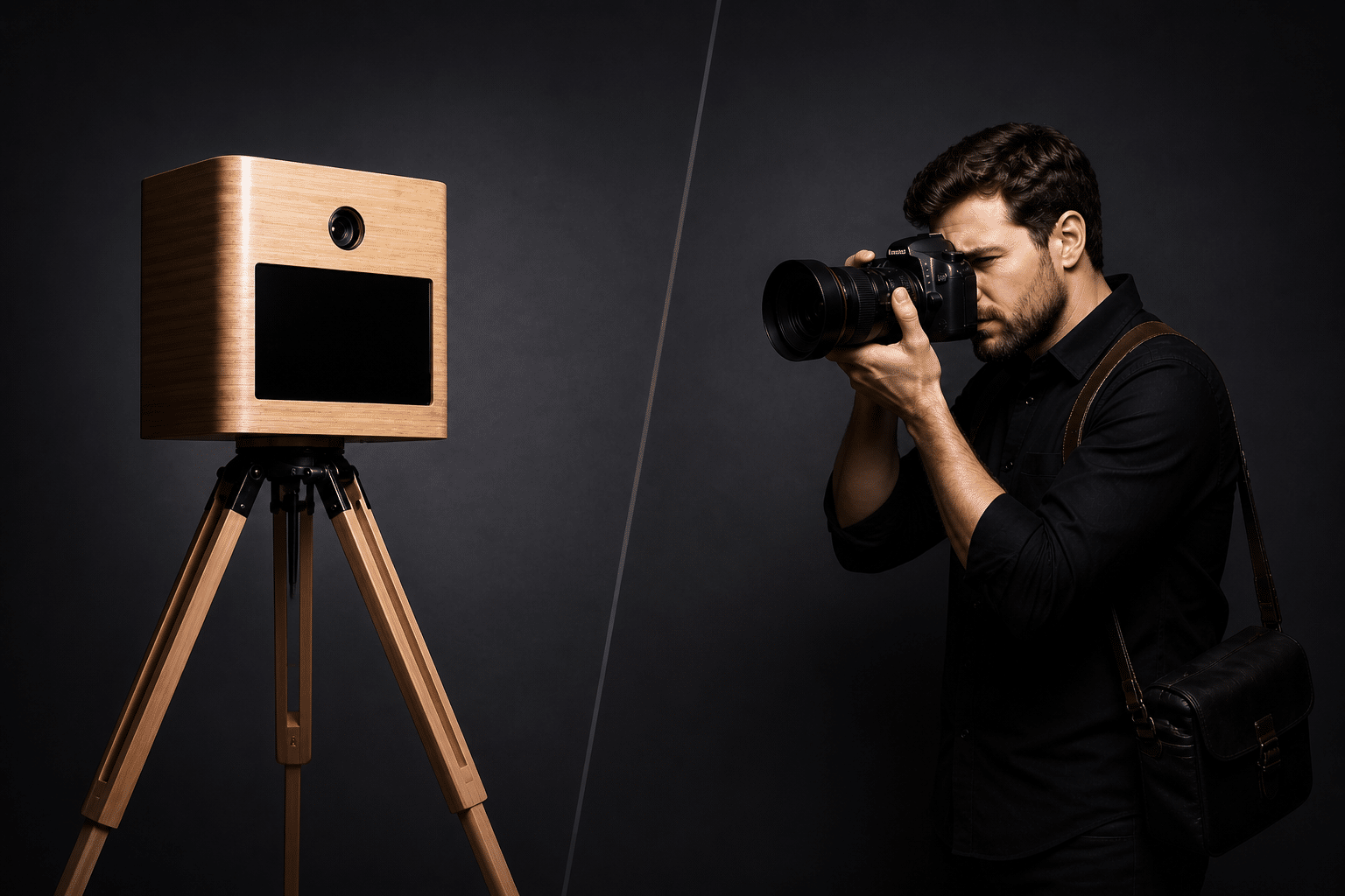 Fotobox aus Holz auf Stativ gegenüber einem professionellen Fotografen mit Kamera in einem dunklen Studio-Setting. Fotobox vs. Fotograf